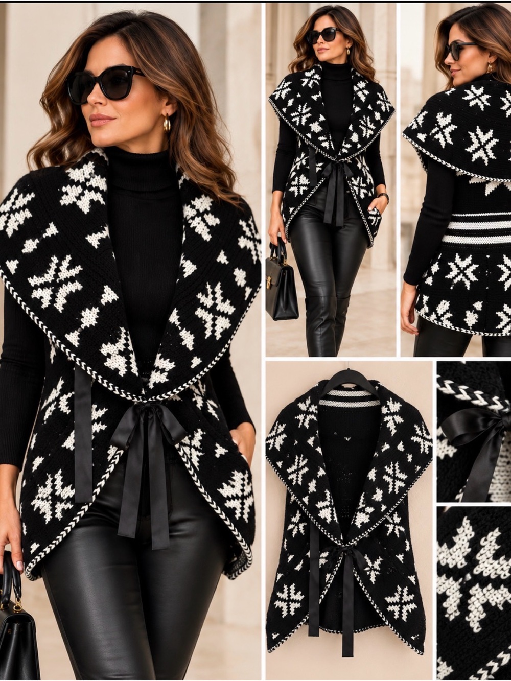 Elan Black and White Nordic Knit Cascade Vest
